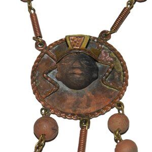 Vintage Copper And Clay Mayan Aztec Pendant Bead Necklace Very Rare!